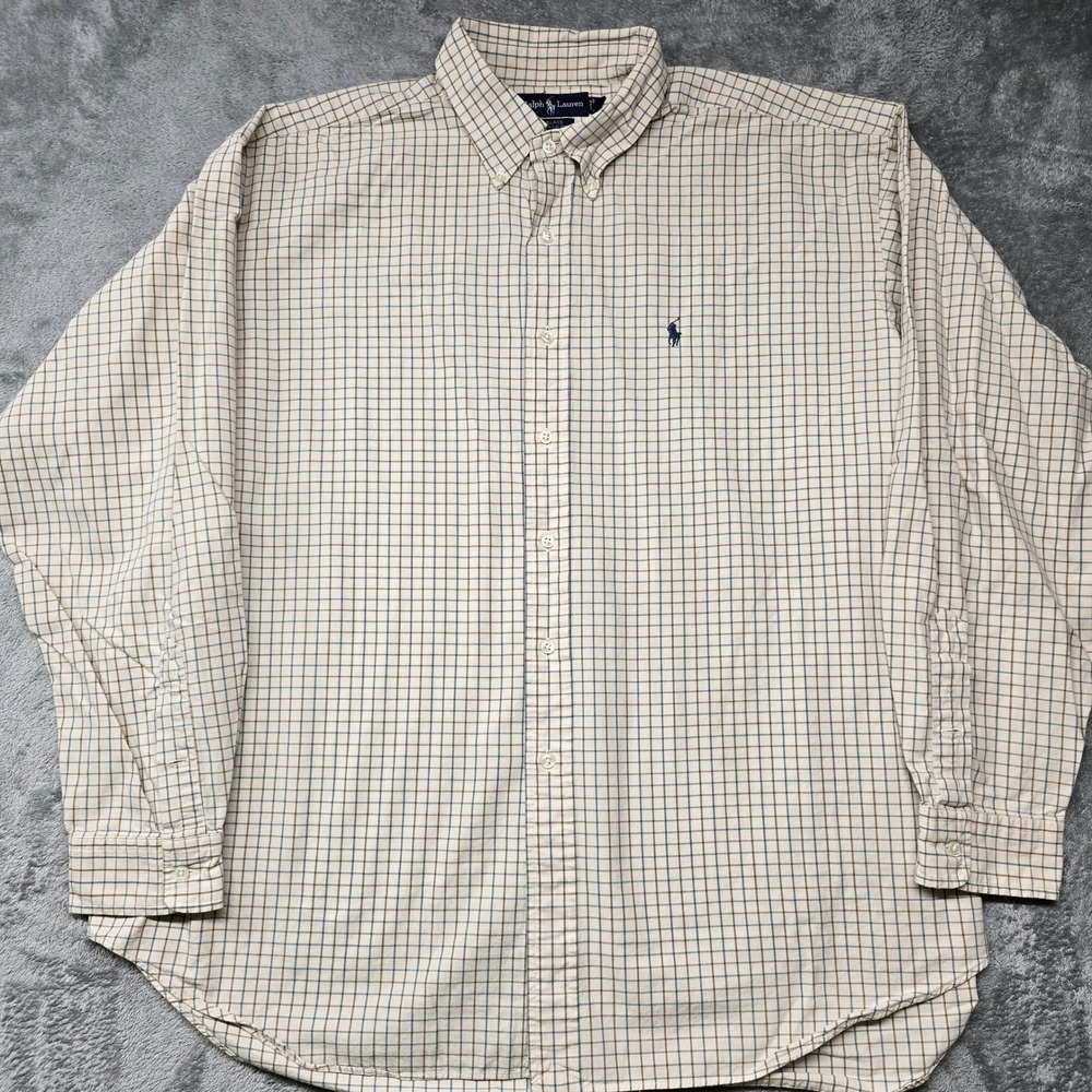 Ralph Lauren Blake Check Cotton Button Down Shirt Mens XXL Tan/Blue Long Sleeve
